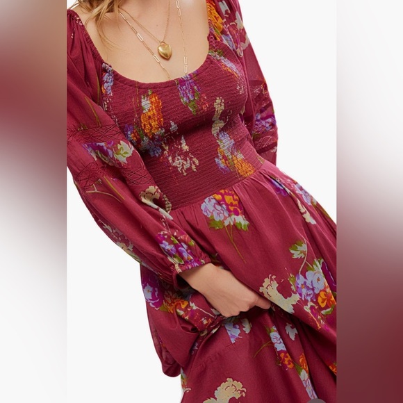 Free People Morning Glory Floral Smocked Burgundy  Long Sleeve Maxi Dress NWT M - Picture 4 of 9